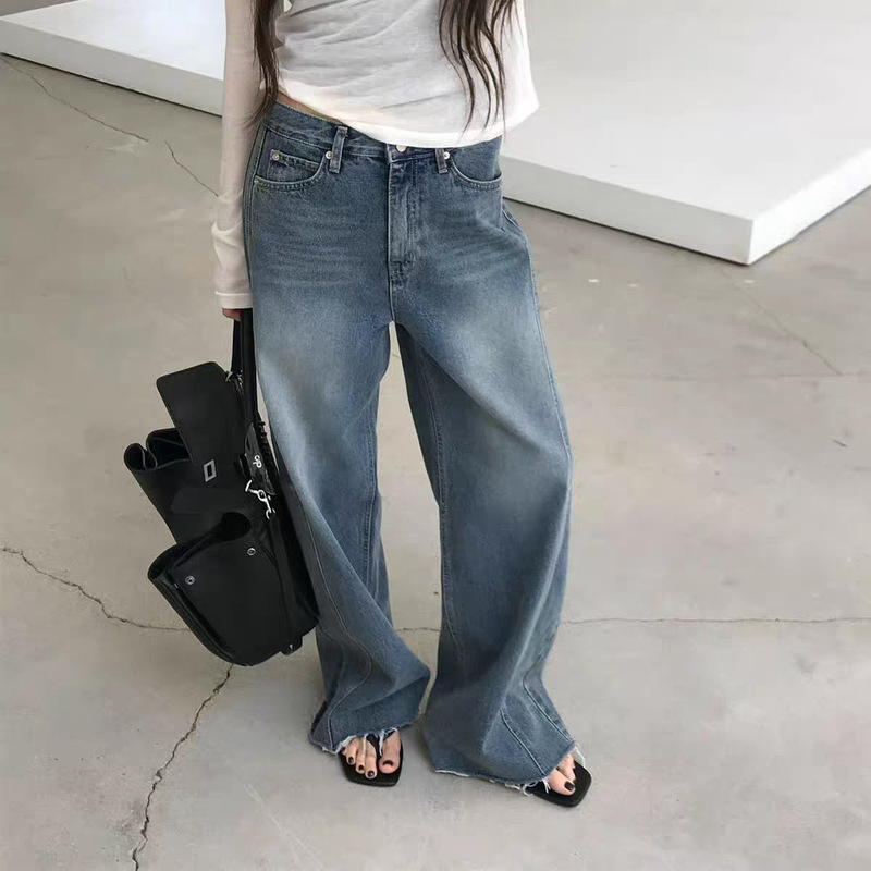 Xh Korean-Style High-Waisted Slim-Fit Frayed Jeans Dongdaemun Autumn New Washed Retro Wide-Leg Pants