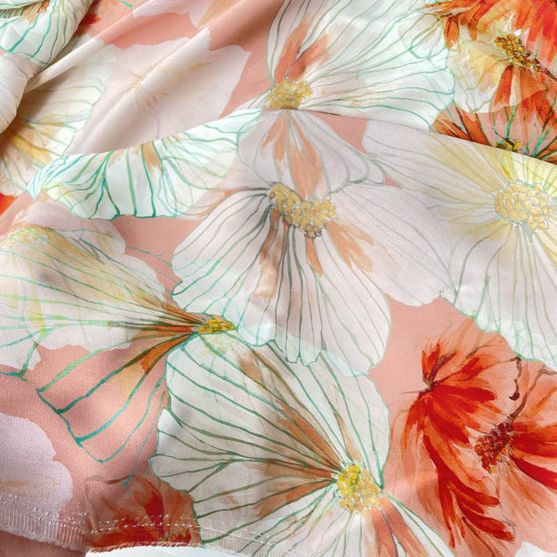 田园风丝滑彩色慵懒大花朵印花酸醋棉缎面布料衬衫连衣裙吊带面料