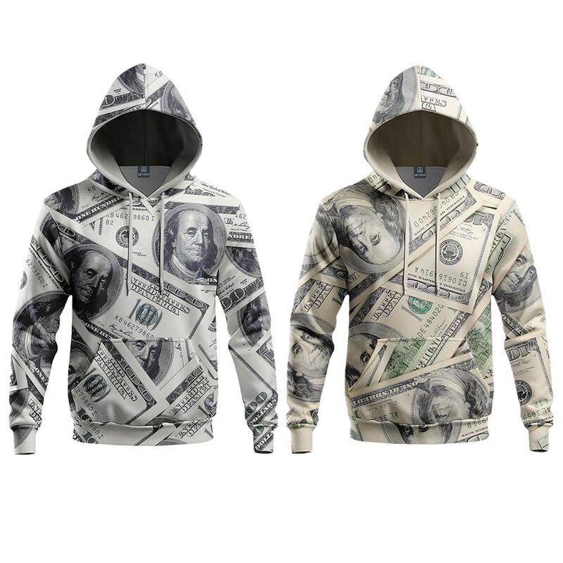 Cross-Border New Product European and American Fashion Loose Pullover 3D Digital Printing Money Long-Sleeved Hooded Sweatshirt Men's Factory Direct Sale