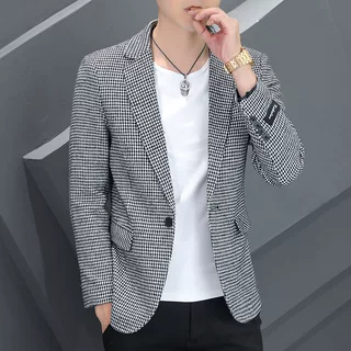 春秋新款潮流帅气休闲西服男士韩版千鸟格子单西上衣小西装外套