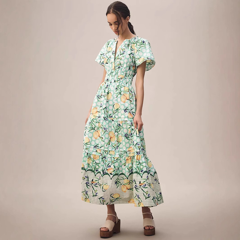 2025 Spring and Autumn New Cross-border Amazon dress Printing Floral Somerset Long dress in Europe and America..