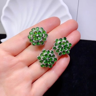 925 Silver Set Natural Diopside Ring Earrings suit New Entry Luxury Heavy Industry Atmospheric French Romantic Three-dimensional Flower
