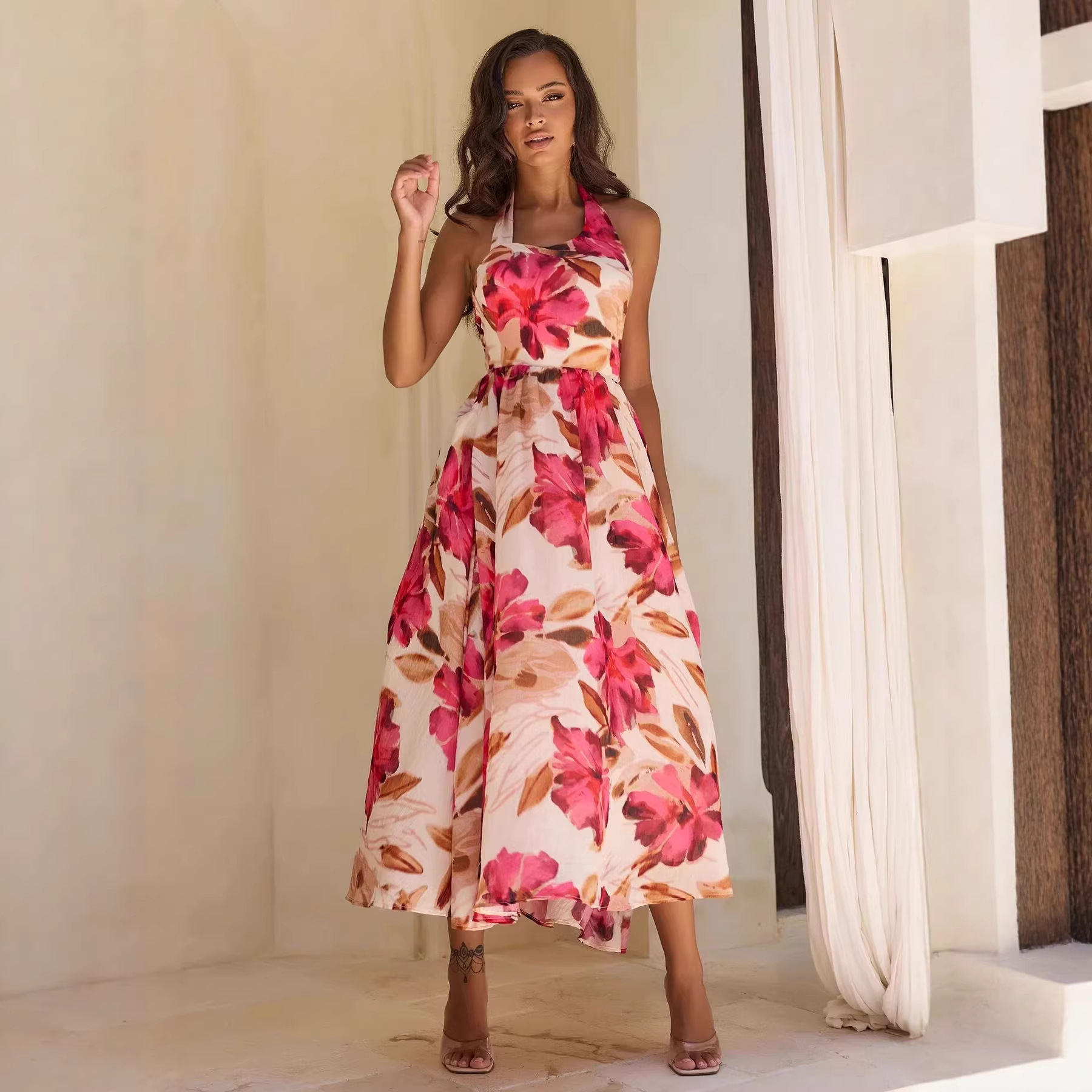 Fashionable Halter Neck Tie Waist Backless Dress Large Floral Print Long Skirt Women's Elegant New Style_ecoleips.com