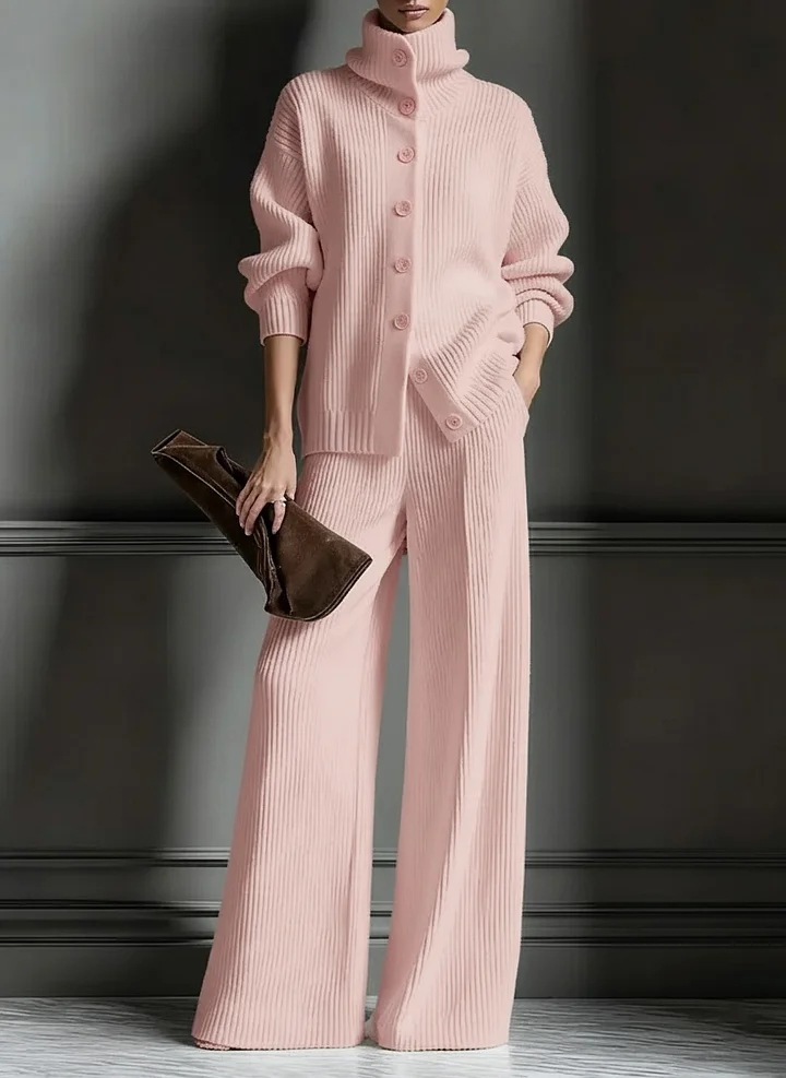 turtleneck Solid Color Cardigan Long-sleeved Top Wide-leg Pants Set Knitted 2-piece Set_ecoleips.com