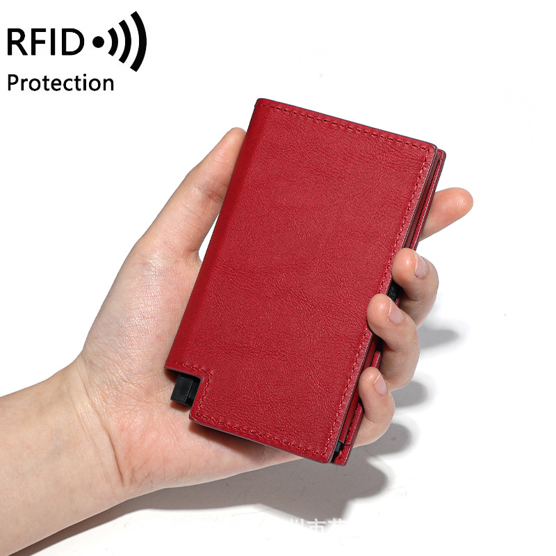 2025 nuevo cepillo antirrobo RFID multifuncional bolsa de tarjetas automática empuje hacia abajo tarjeta de bala billetera antimagnética bolsa de cartera pu transfronteriza