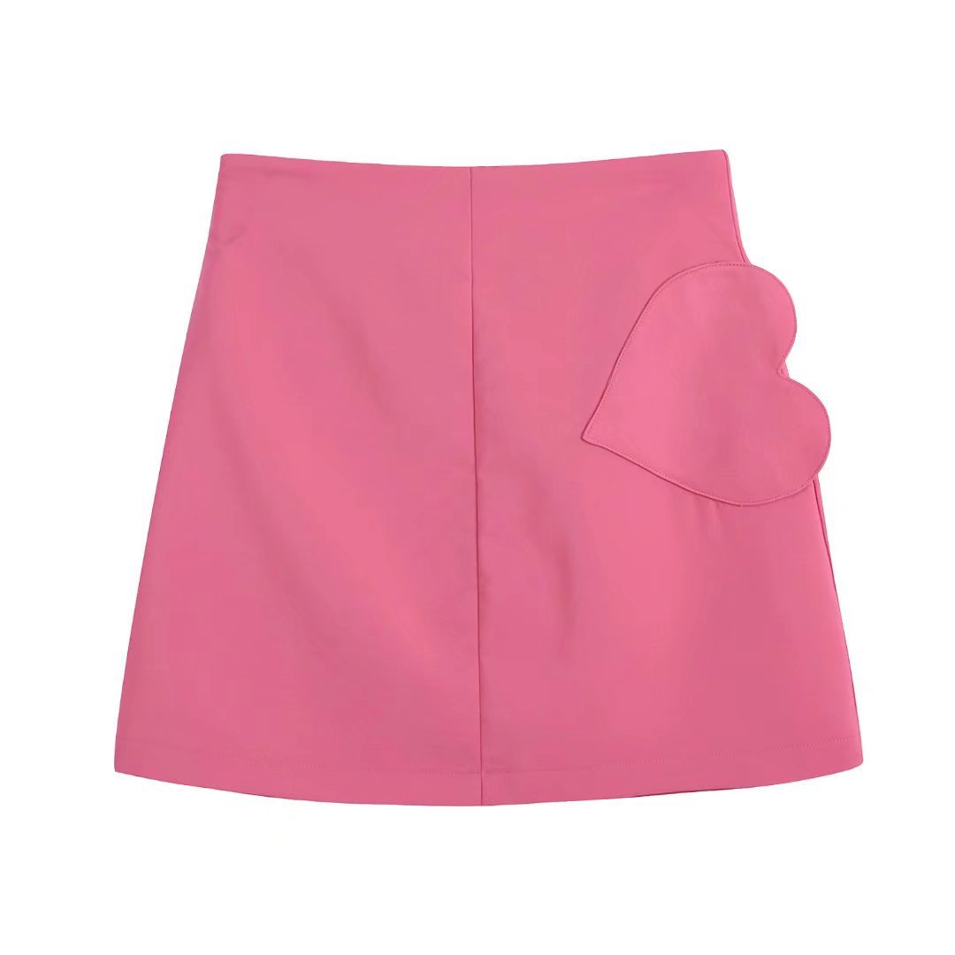 pink high-waist heart-shaped decorated silk satin texture skirt NSAM123232