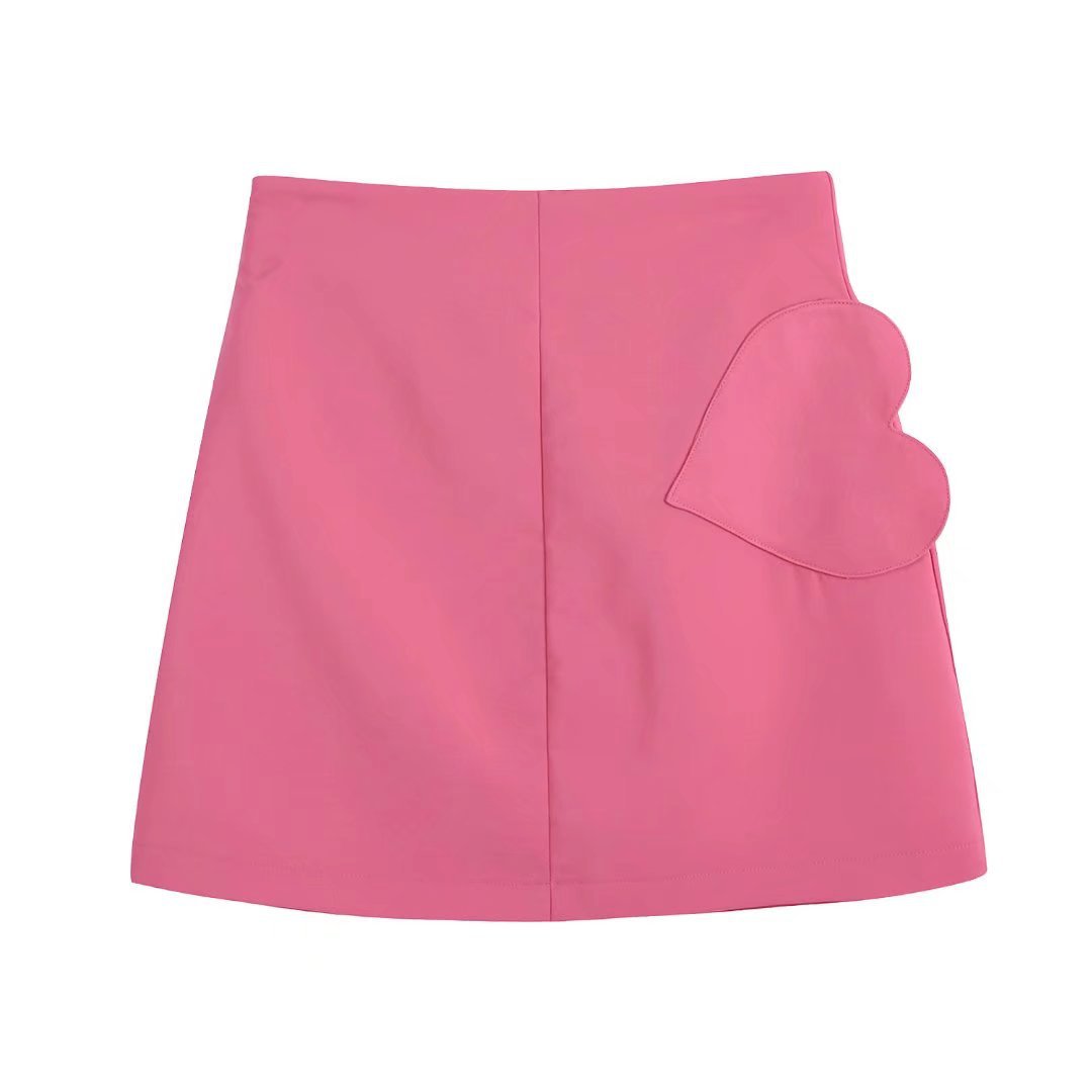 pink high-waist heart-shaped decorated silk satin texture skirt  NSAM123232