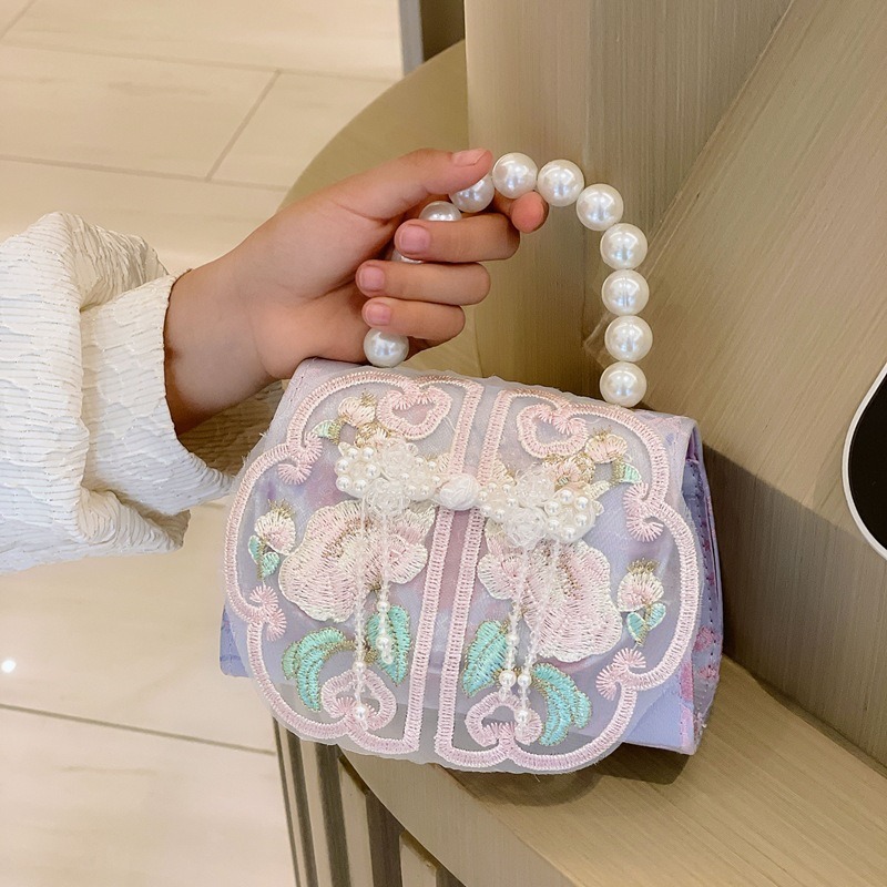 Chica linda princesa bolso de perlas encaje bordado portátil todo fósforo pequeño bolso cuadrado estilo étnico bolso de mensajero para niños