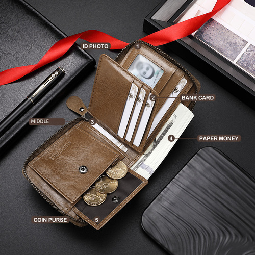 Cross-border dropshipping C-brand box-style men's wallet head layer cowhide coin purse zipper money clip horizontal multi-functional money clip