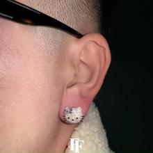 新款个性粉色卡通Kitty猫镶满钻耳钉女可爱闪闪独特气质男百搭耳