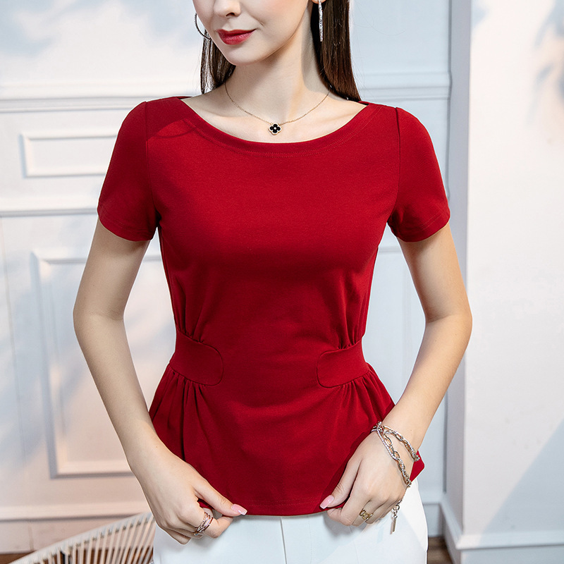 Summer New Style Pure Cotton T-shirt Women's Short-sleeved Design Sense Niche Solid Color Slim-fit Belly Covering Strapless Top Summer New Style Pure Cotton T-shirt Women's Short-sleeved Design Sense Niche Solid Color Slim-fit Belly Covering Strapless Top