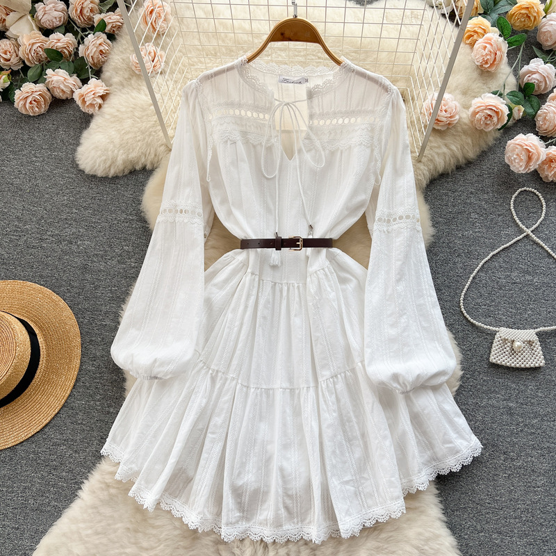 Cross-Border Spring Lace Hollow Waist Doll Princess Dress Women's Long-Sleeved White Dress Women's Niche Holiday Style Fairy Cross-Border Spring Lace Hollow Waist Doll Princess Dress Women's Long-Sleeved White Dress Women's Niche Holiday Style Fairy