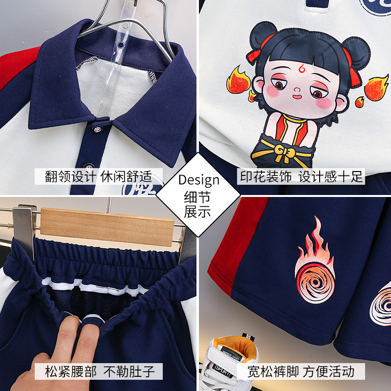 7202 traje de dibujos animados para niños guapos verano manga corta para niños Nezha 2025 nuevos pantalones cortos para bebés camisa POLO marea