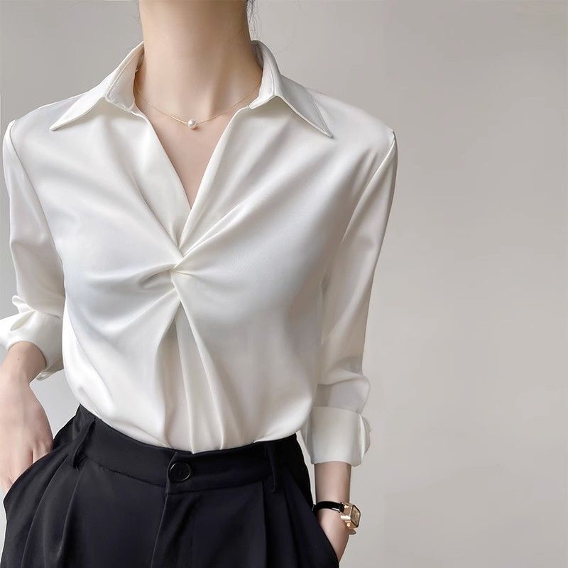 French-Style White Shirt for Women, Autumn Design, Niche Commuter Professional Satin V-Neck Top with Twisted Chest