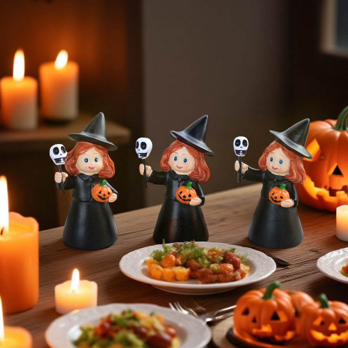 Halloween Decoration Scene Layout Props Little Witch Set of Three Creative Handheld Skeleton Ghost Head Witch Ornaments 