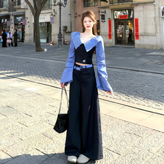 设计感小众韩系一字肩套装女高级感拼接气质穿搭2025秋衬衫阔腿裤