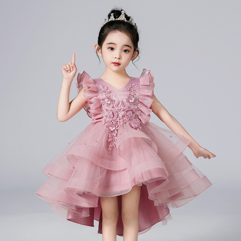 Girls' Dress, Summer Small Flying Sleeve Dress, Trailing Mesh Tutu Skirt, Princess Dress, Sweet Bean Paste Color Long Skirt Girls' Dress, Summer Small Flying Sleeve Dress, Trailing Mesh Tutu Skirt, Princess Dress, Sweet Bean Paste Color Long Skirt