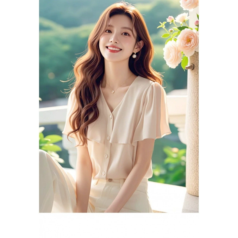 Французский уникальный и красивый топ с рюшами, белоснежная шифоновая рубашка с v-образным вырезом и короткими рукавами для женщин летом