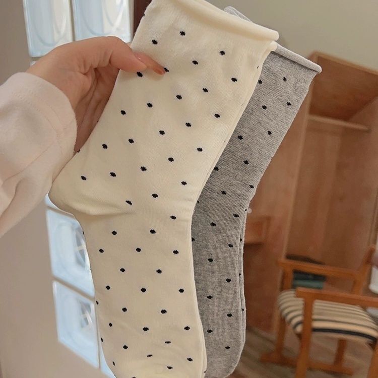 Polka Dot Rolled-Edge Women's Socks, Thin Spring/Summer Mid-Calf Socks, Sweat-Absorbent and Breathable, Classic Sweet Style, Attractive Slouch Socks Polka Dot Rolled-Edge Women's Socks, Thin Spring/Summer Mid-Calf Socks, Sweat-Absorbent and Breathable, Classic Sweet Style, Attractive Slouch Socks