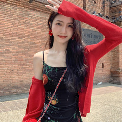 MULVAN 红色V领薄款针织开衫女夏季防晒小外套披肩外穿上衣
