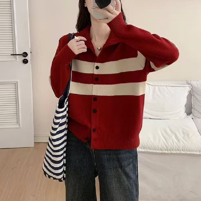 立领撞色条纹针织毛衣开衫女秋冬新款休闲宽松外套跨境针织上衣女|undefined