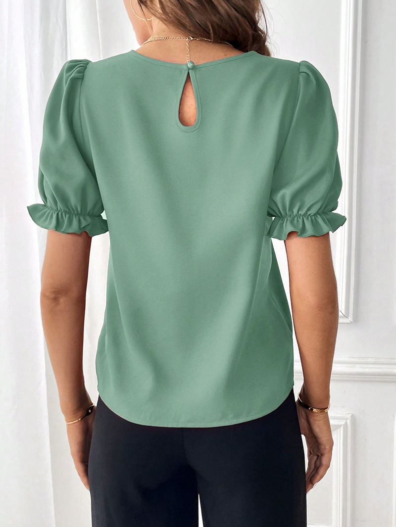 203g Weight Short Sleeve Sleeve Length Pullovers Placket Type Bishop Sleeve Sleeve Type Polyester Fabric Type Regular Top Length Blouse Tops Type Daily Occasion Round Neck Neckline Regular Fit Fit Type Solid Color Pattern Summer, Spring Season Women's Gender Elegant, Streetwear Style Wholesale Women's Elegant Streetwear Solid Color Short Sleeve Blouses 21