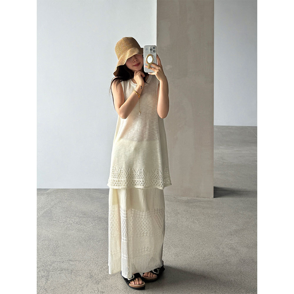 【王琪芝】温柔背心裙两件套女夏镂空肌理感针织上衣+半身裙WQ198