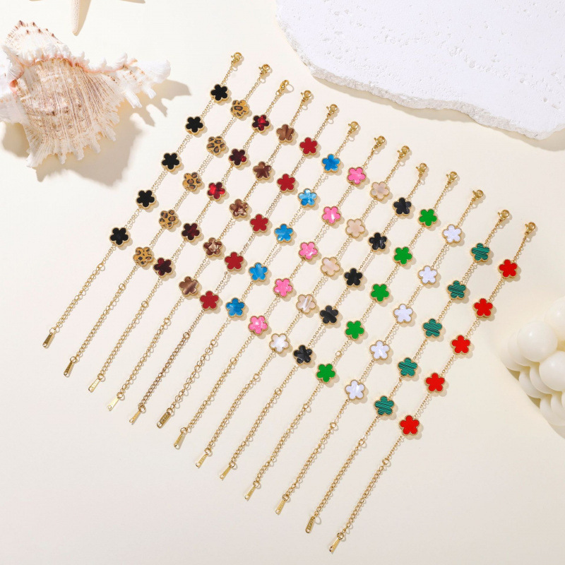 Korean and Japanese Fashion Stainless Steel Four-Leaf Clover Five-Leaf Bracelet for Women, Lucky Clover Acrylic 18K Rose Gold Bracelet Korean and Japanese Fashion Stainless Steel Four-Leaf Clover Five-Leaf Bracelet for Women, Lucky Clover Acrylic 18K Rose Gold Bracelet