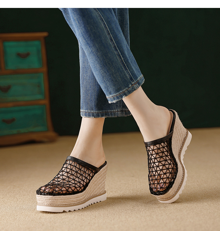 Dép sandal nữ bít mũi đế xuồng cao gót 9 cm phong cách biển — màu nâu, màu đen, màu mơ chi tiết 16