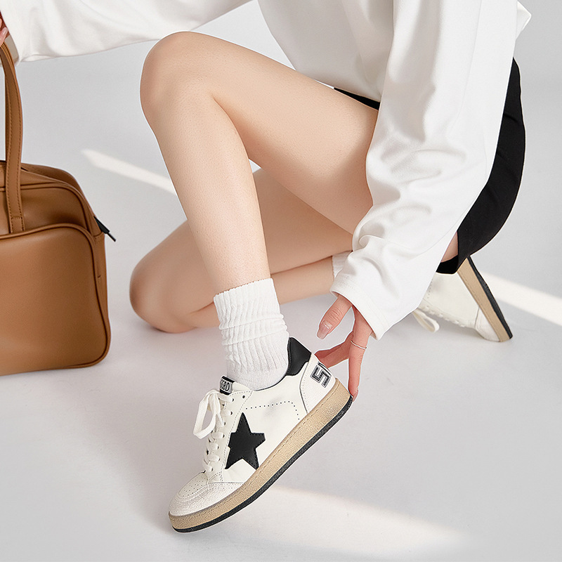New Thick-Soled White Sneakers, Sports Training Shoes, Leather Version ~ Retro Distressed Star Shoes, Casual Sneakers for Women