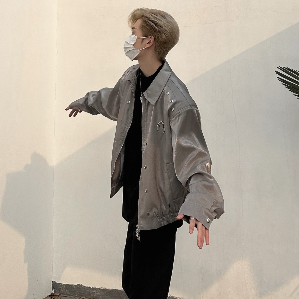 Nicho retro americano diseño de metal líquido hombro pad chaqueta de los hombres de alto grado perfil solapa Chaqueta corta