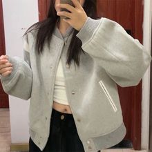 美式灰色棒球服外套女春秋2023新款小个子百搭休闲短款夹克上衣服