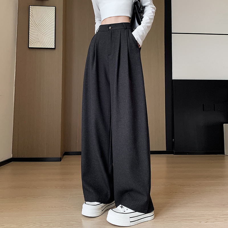 实拍西装裤女秋季高腰显瘦垂感宽松复古高级感休闲直筒阔腿裤潮|undefined