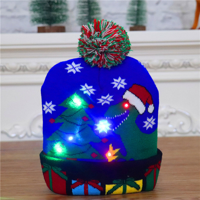 Transfronterizo nuevo luminoso sombrero de navidad niños adultos otoño e invierno cálido europeo y americano jersey de punto sombrero de lana impresa sombrero