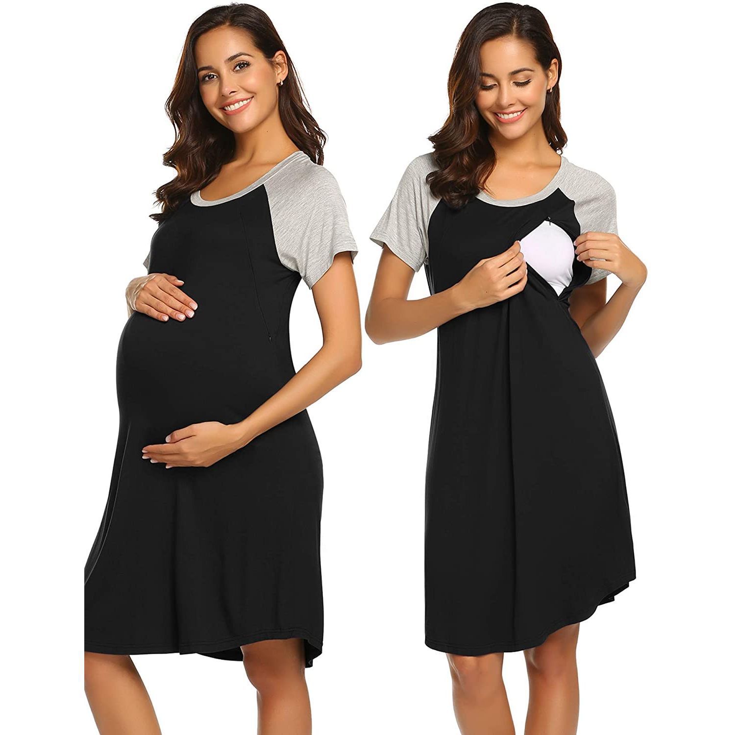 European and American maternity clothes cross-border for elastic and comfortable stitching short sleeve round neck nursing dress pajamas for expectant mothers