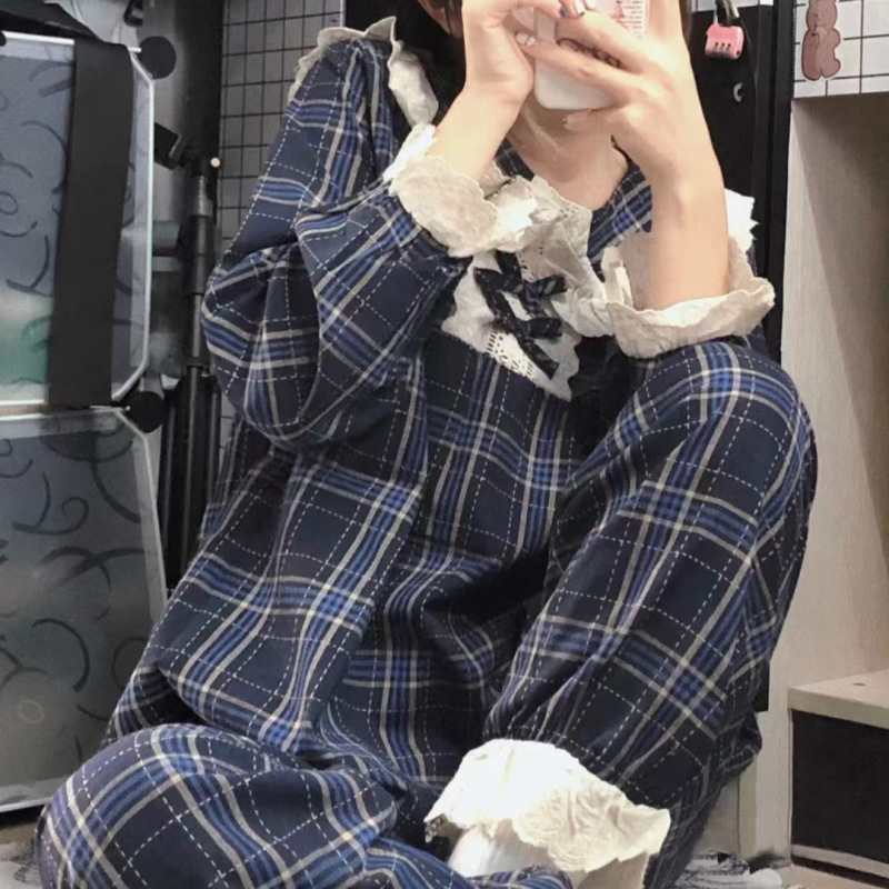 ins甜美学院风睡衣女长袖花边娃娃领渐变格网红直播家居服可外穿|undefined