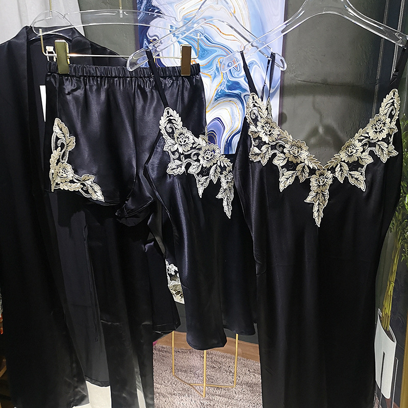 Upgrading Grade High Beauty Value Mysterious Black Silk Nightgown 100 Mulberry Silk Pajamas Suit Home Clothes Sling Bathrobe