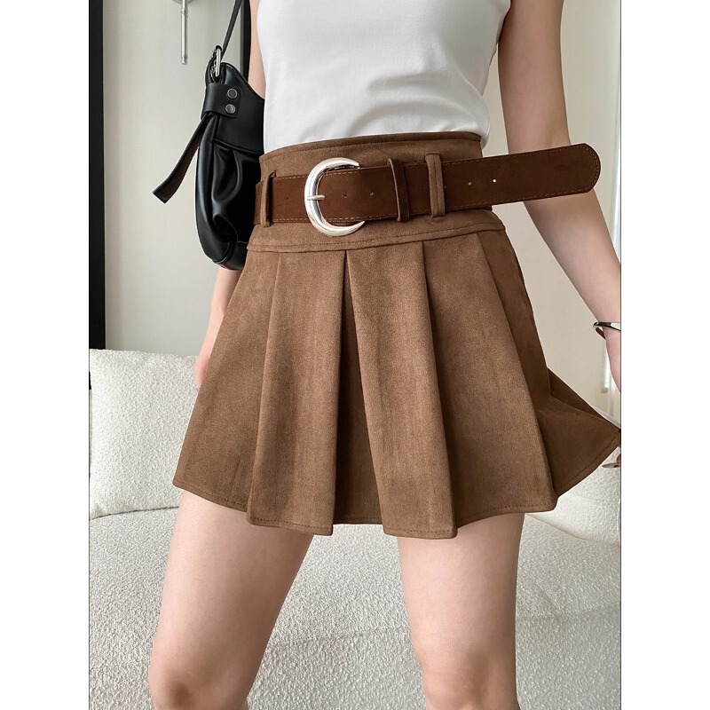 Sinnan Fashionista's Favorite: American Retro Suede High-Waisted A-Line Pleated Short Skirt with Belt Sn8735 Sinnan Fashionista's Favorite: American Retro Suede High-Waisted A-Line Pleated Short Skirt with Belt Sn8735