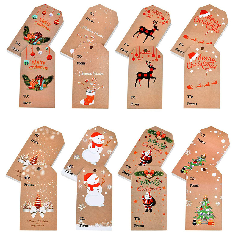 亚马逊外贸圣诞节圣诞帽树雪人麋鹿牛皮纸吊牌卡标签配黄麻线绳