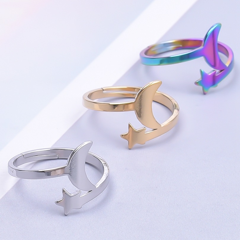 5g Weight PVD Coated Gold Plating Process Real Gold Plated Plating Material PVD Coated Real Gold Plated 18K Gold Star Moon 304 Stainless Steel Casual Waterproof Non Tarnish Open Ring