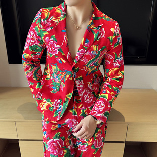 Spring and Autumn New northeast flower cloth Chinese style suit suit ethnic festive men and women Ruan handsome big flower suit clothes