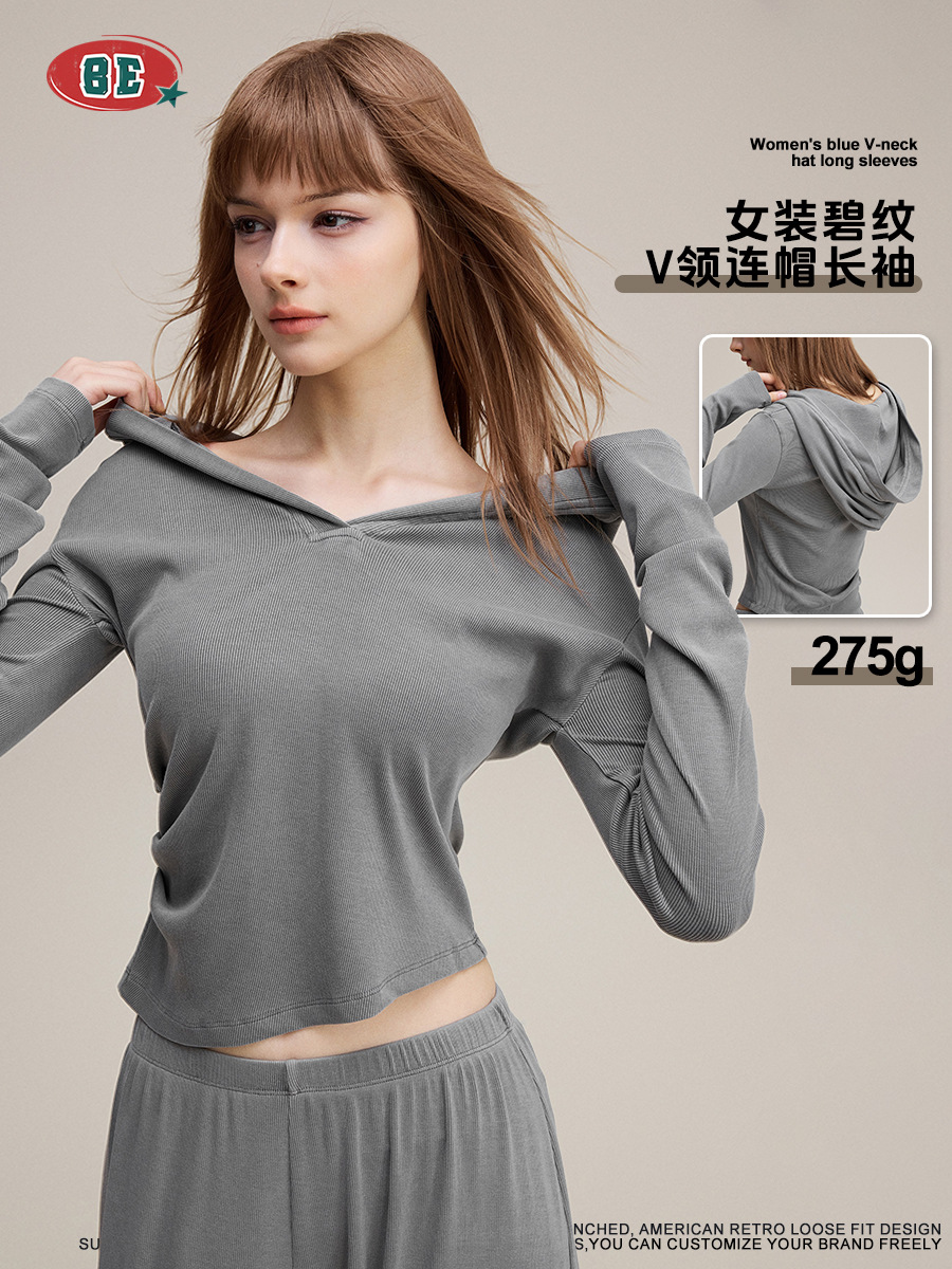 Ropa de mujer BE | Camiseta de Manga Larga con Capucha y Cuello en V, Ajustada a la Cintura, Estilo Retro Casual para Mujer, Otoño 2025