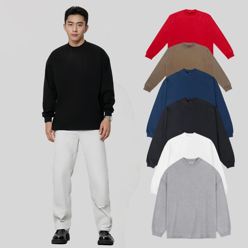 350G Heavy Profile American Small Neck Solid Color Shoulder Loose Cotton Coarse Long Sleeve T-shirt Extra Large ins