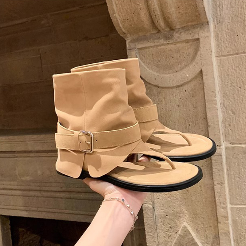 Grape Mom verano nuevo estilo de moda chica caliente hebilla de punta redonda para llevar sandalias de cuña de tubo medio verano femenino