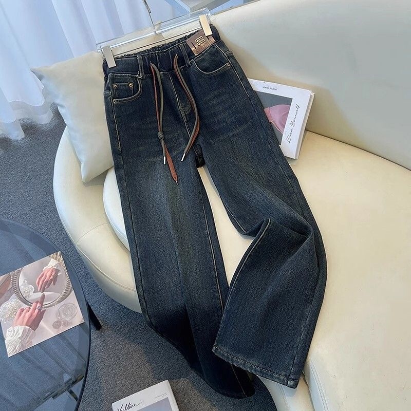 Retro cement gray elastic high-waisted wide-leg jeans for women, 2026 spring/autumn new style, popular straight-leg pants for petite women