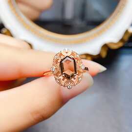新款天然茶水晶戒指S925银镶嵌主石6*9mm百搭网红爆款女饰批发
