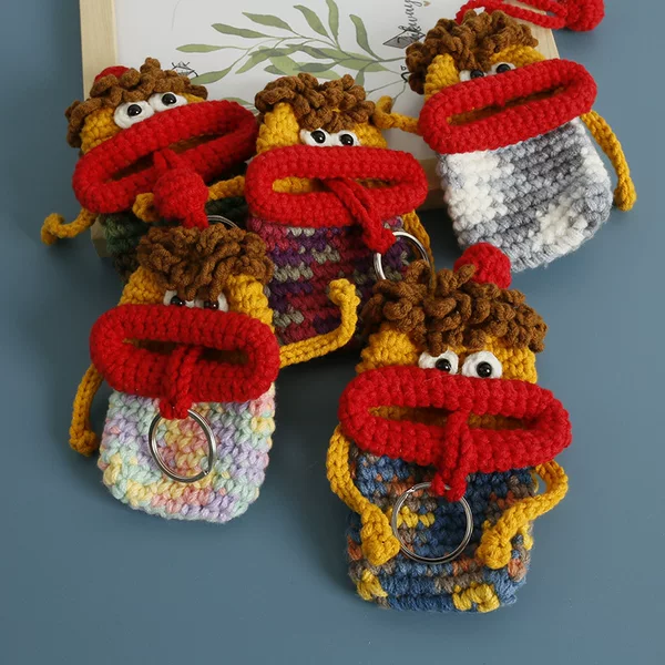 Creative Hand-woven Funny Key Bag Internet Celebratory Sausage Mouth Wool Crocheted Earphone Cover Big Mouth Pocket Finished Product