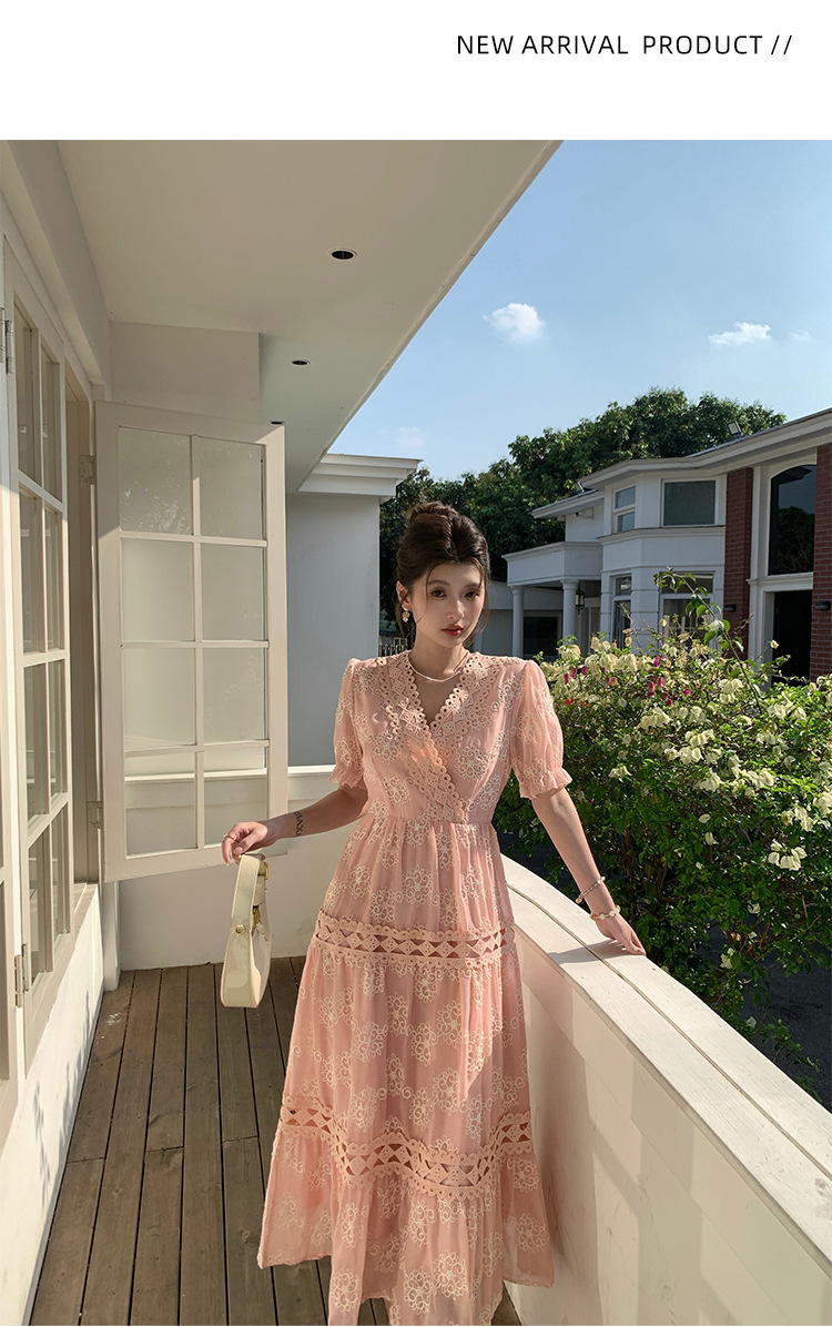 Đầm maxi nữ tay bồng ren hoa V cut-out phong cách Pháp cung đình — xanh lam, màu hồng, màu mơ chi tiết 45