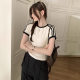 Shoulder Round Neck Color Contrast Striped Short-sleeved T-shirt Women's Summer New Arrival Hidden Blue Hot Girl Slim-fit Rulose Short Top Trendy