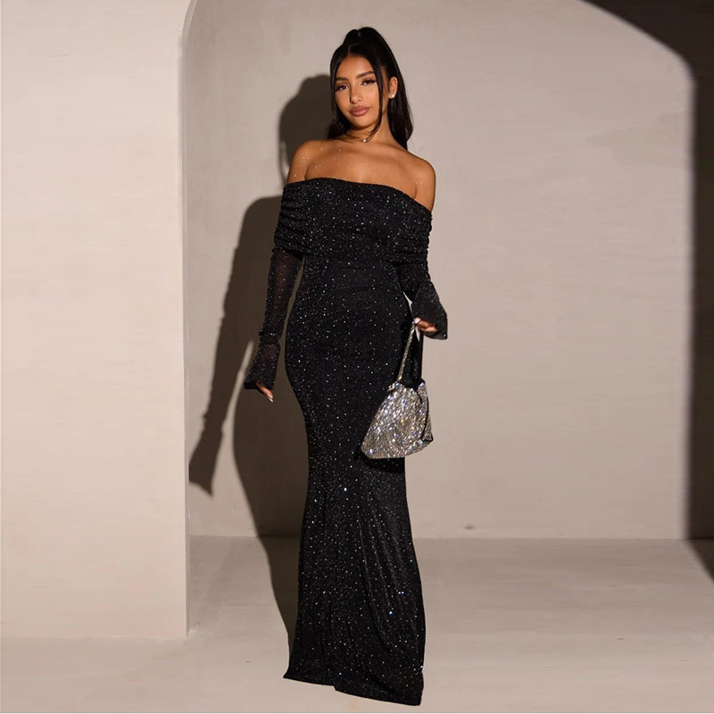 2025 comercio exterior Europa y América ropa de mujer invierno nueva línea de malla de hombro seda plateada brillante cintura sexy vestido de cadera
